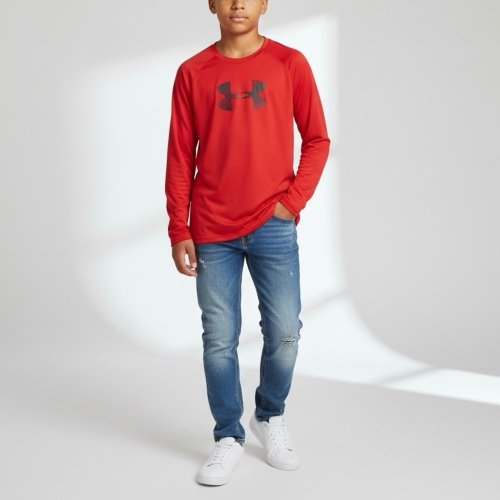 Under Armour HeatGear Long Sleeve Logo Shirt Red Boys Size YXL